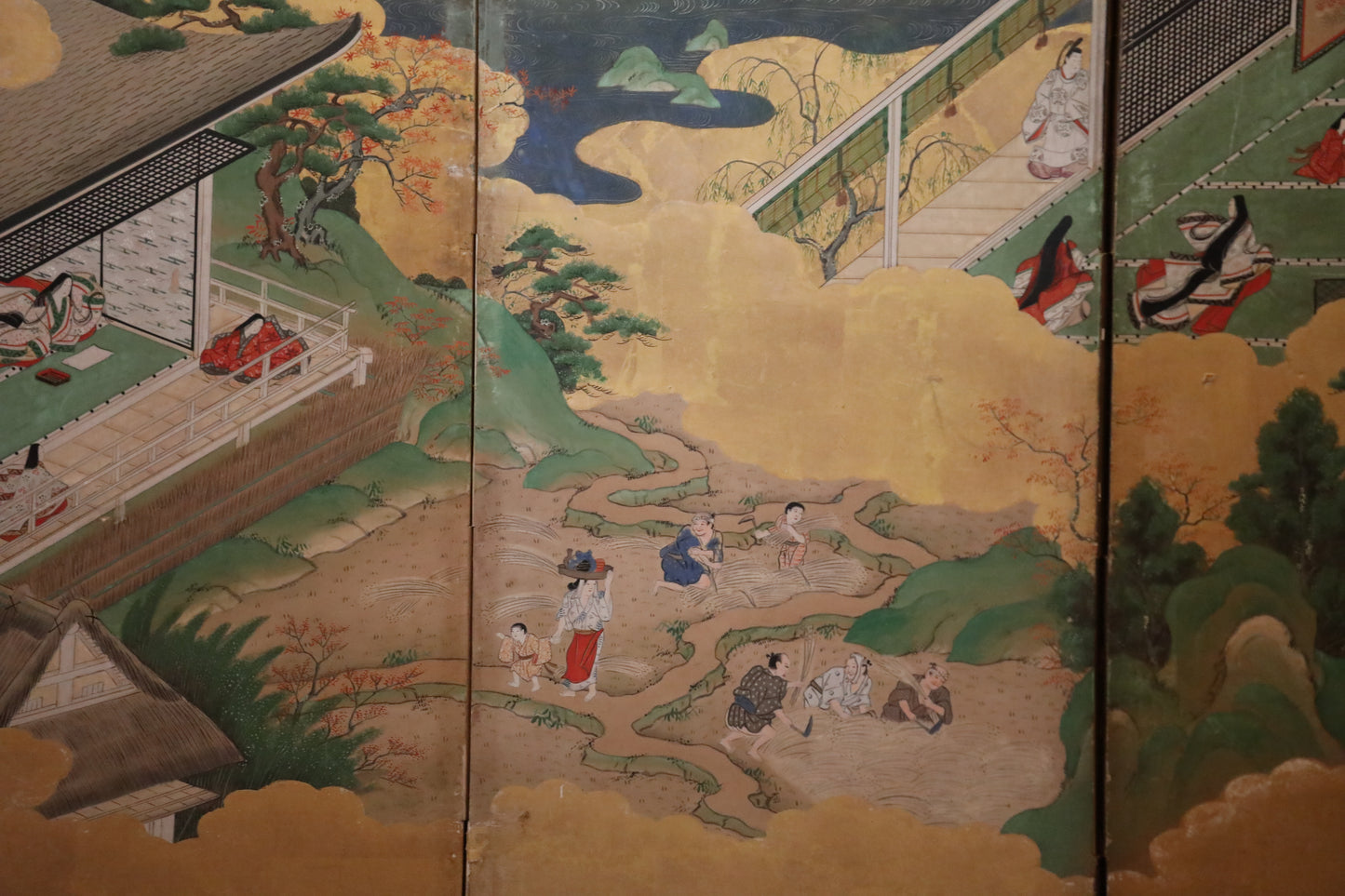 Japanese antique furniture Gold Silver Byobu wind screen of The Tale of Genji, Double-sided painting 17th century W80.3in/H204cm