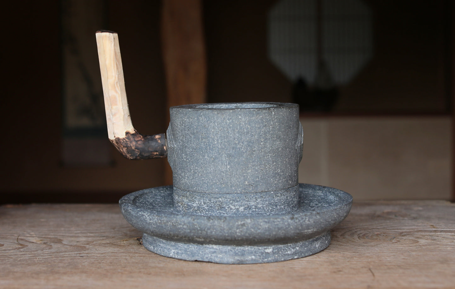 Japanese old stone mill for green tea powder, basalt quern-stones with wood handle, Matcha tea ceremony, (H7.7×W12.8in/19.5×32.5cm)