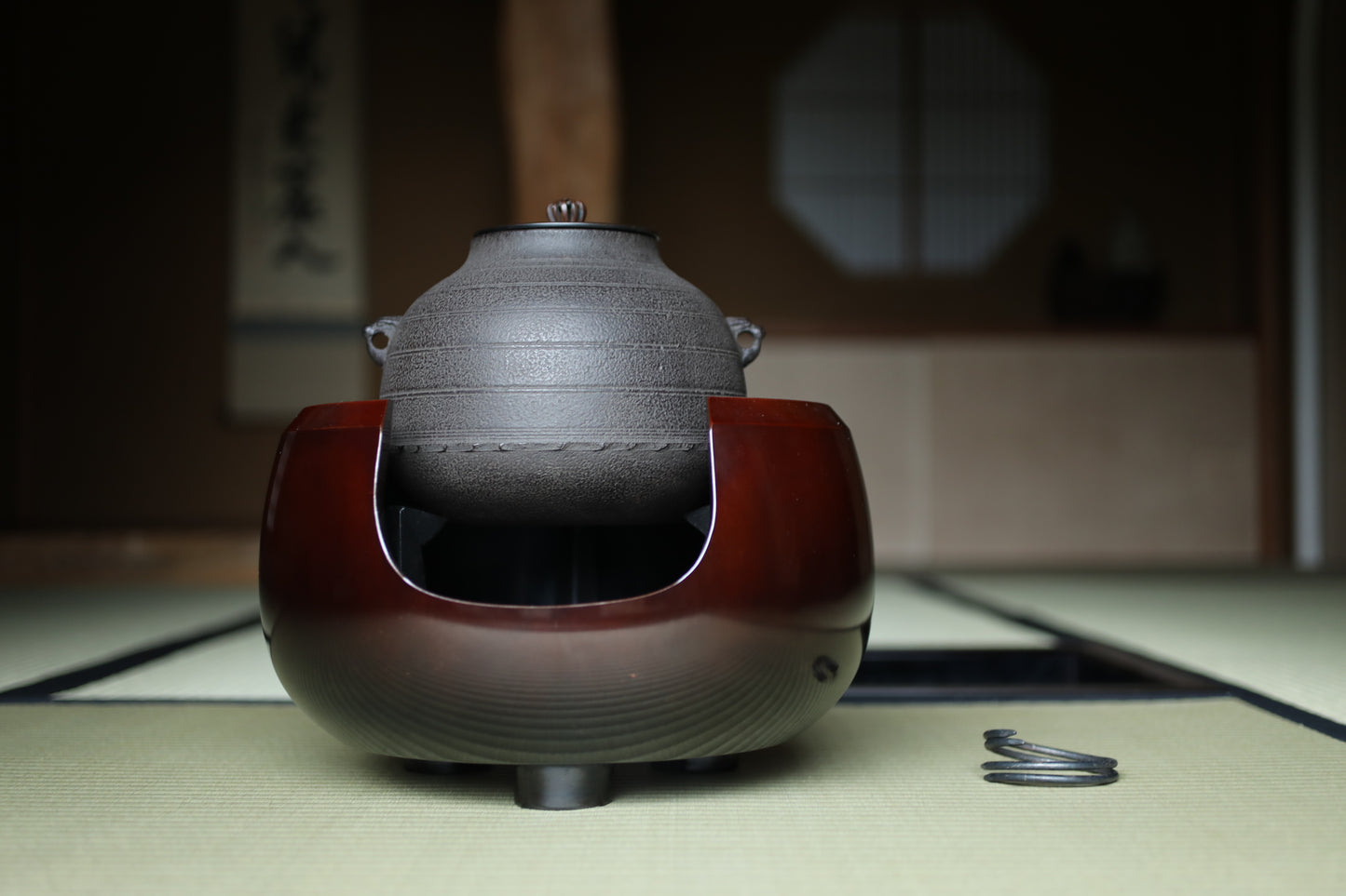 CHAGAMA and FURO Japanese antique bronze brazier and cast iron kettle, For Tea ceremony, Doan furo and Amida gama in 1970s