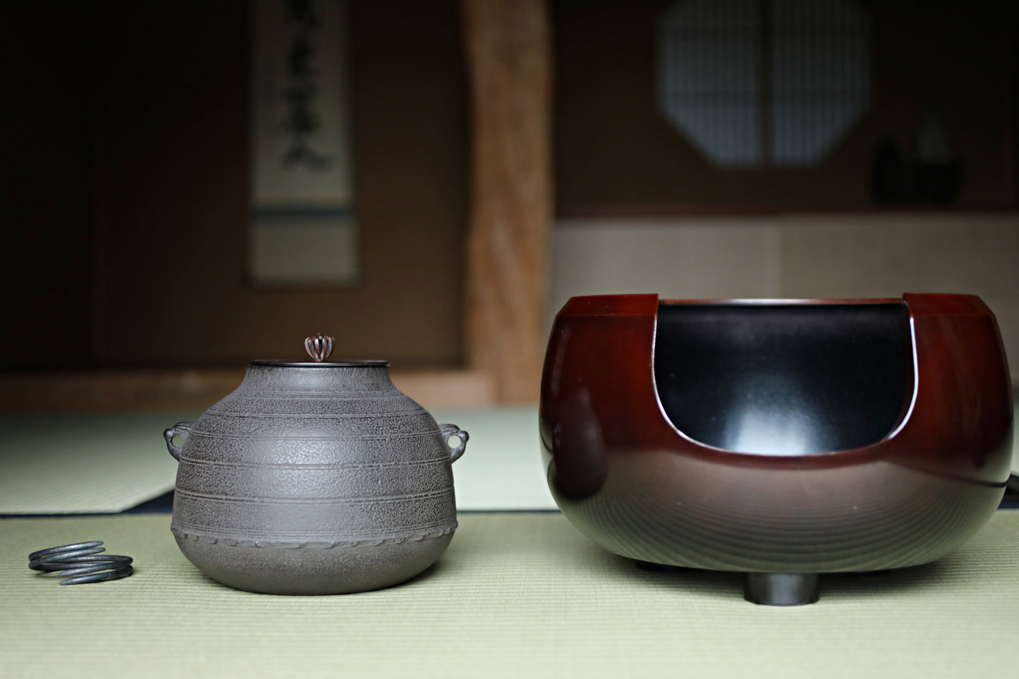 CHAGAMA and FURO Japanese antique bronze brazier and cast iron kettle, For Tea ceremony, Doan furo and Amida gama in 1970s