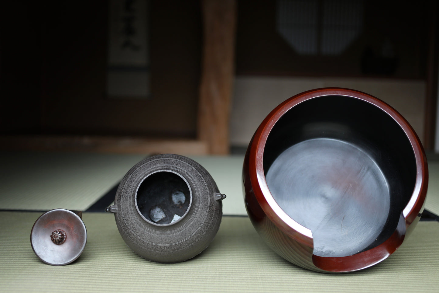 CHAGAMA and FURO Japanese antique bronze brazier and cast iron kettle, For Tea ceremony, Doan furo and Amida gama in 1970s