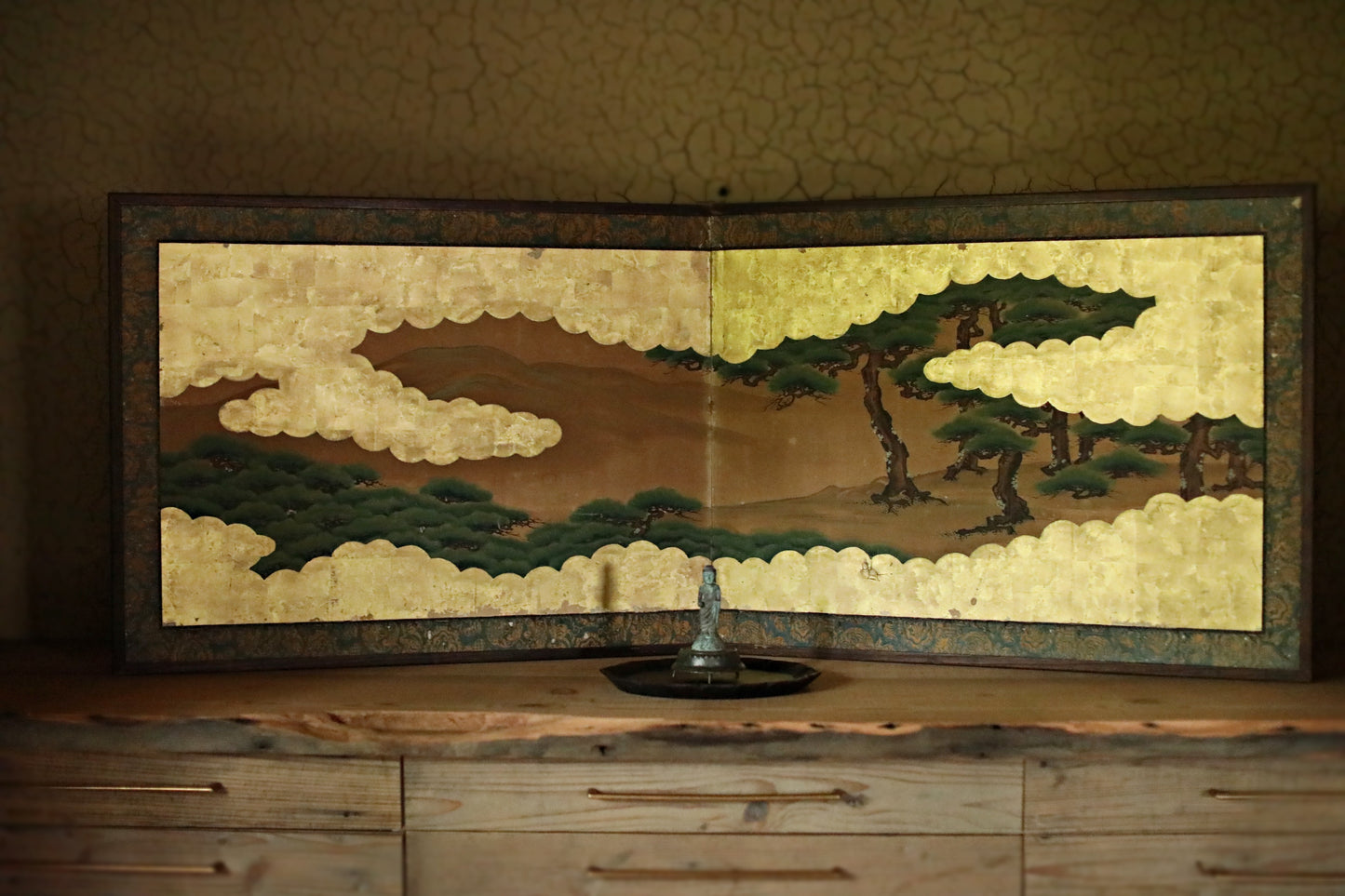 FINE! Japanese antique furniture 1800s EDO Byobu wind screen hand painting, Real Gold Clouds with pine tree W74in/H188cm