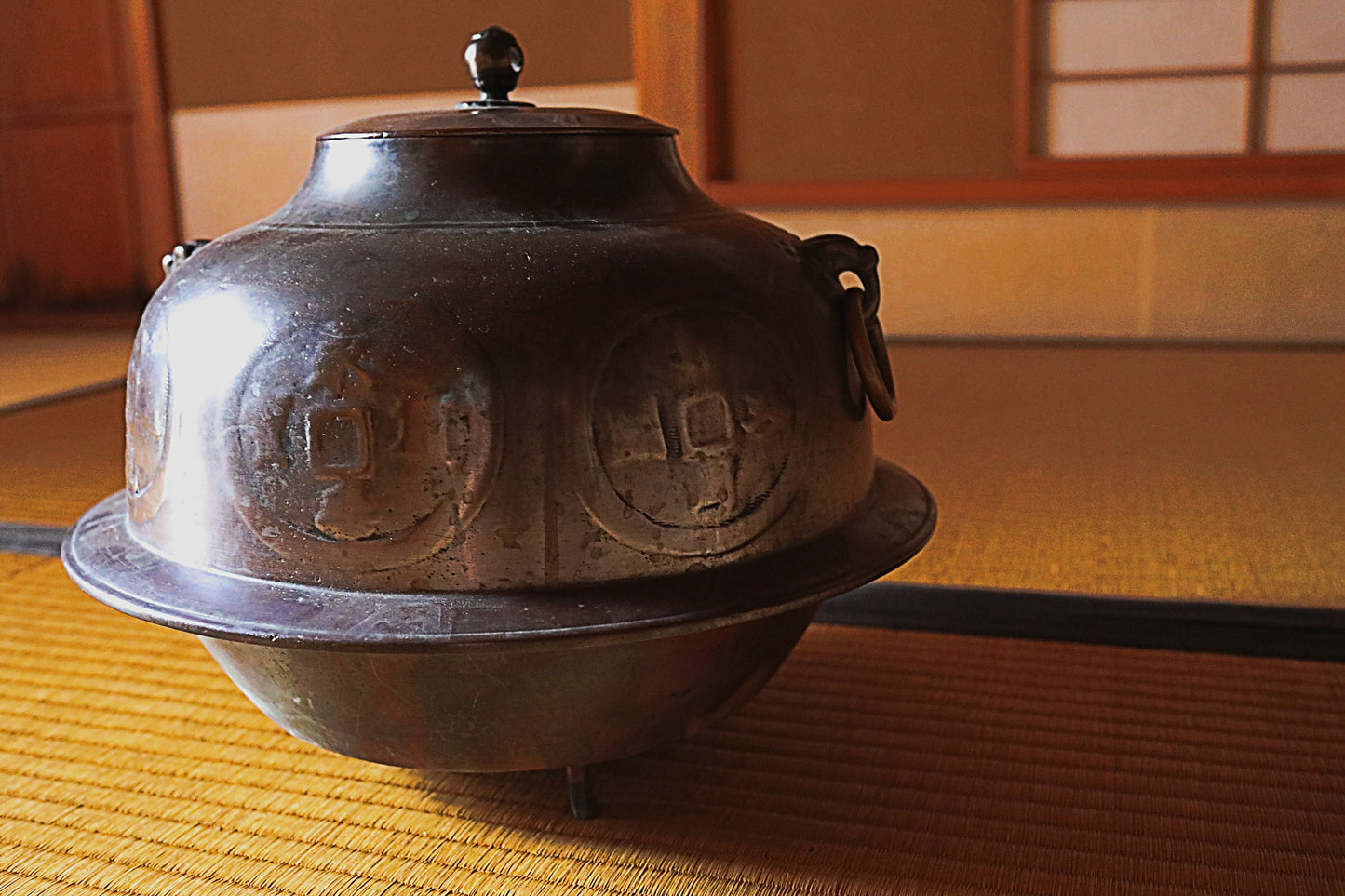 Antique Bronze Tea Kettle – Japanese Tea Ceremony Kettle with Kanji Coin Design