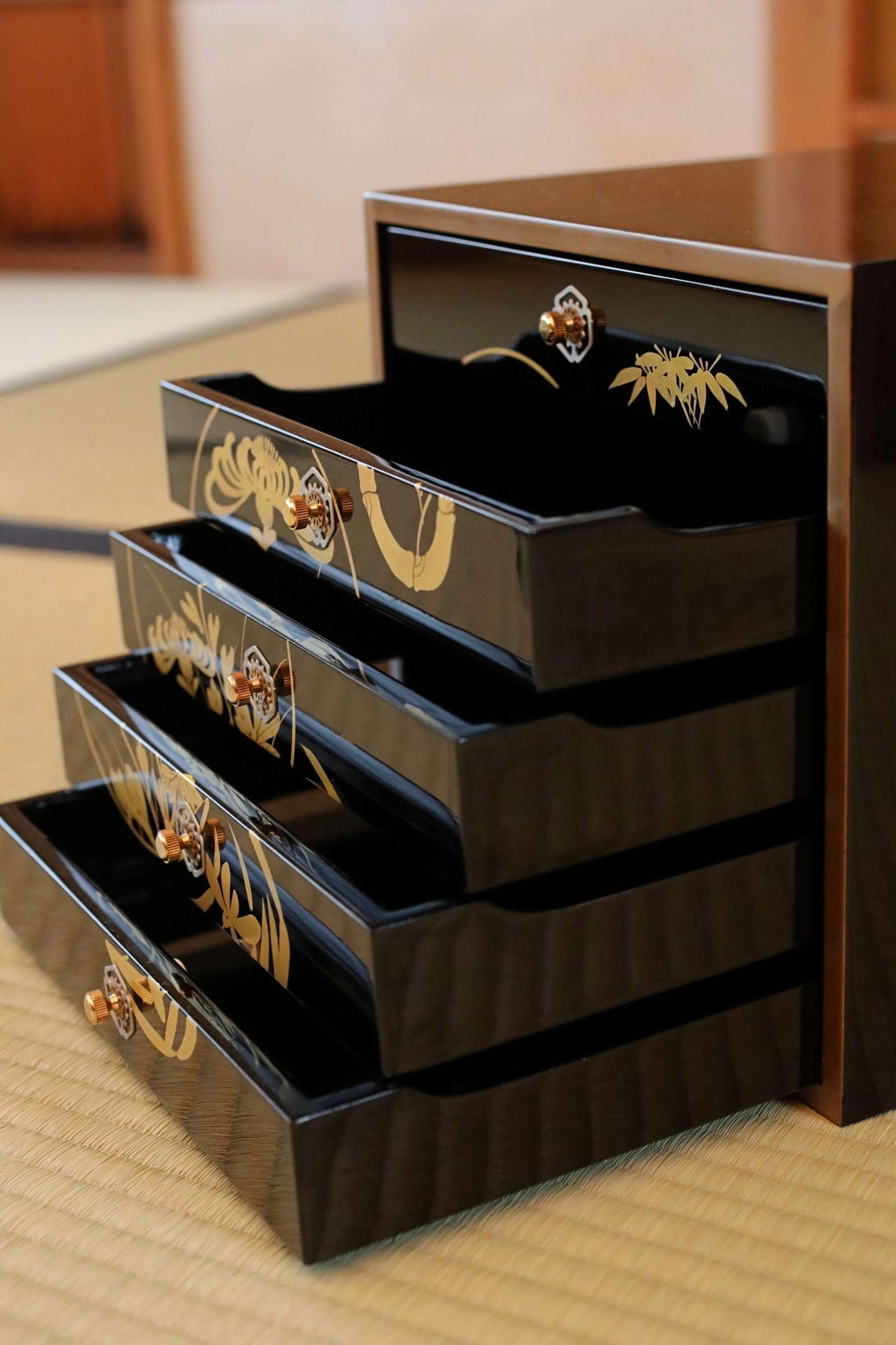 Vintage Tansu Chest - Black Lacquer Chest With Gold Makie Design | Five Drawer Japanese Antique Furniture