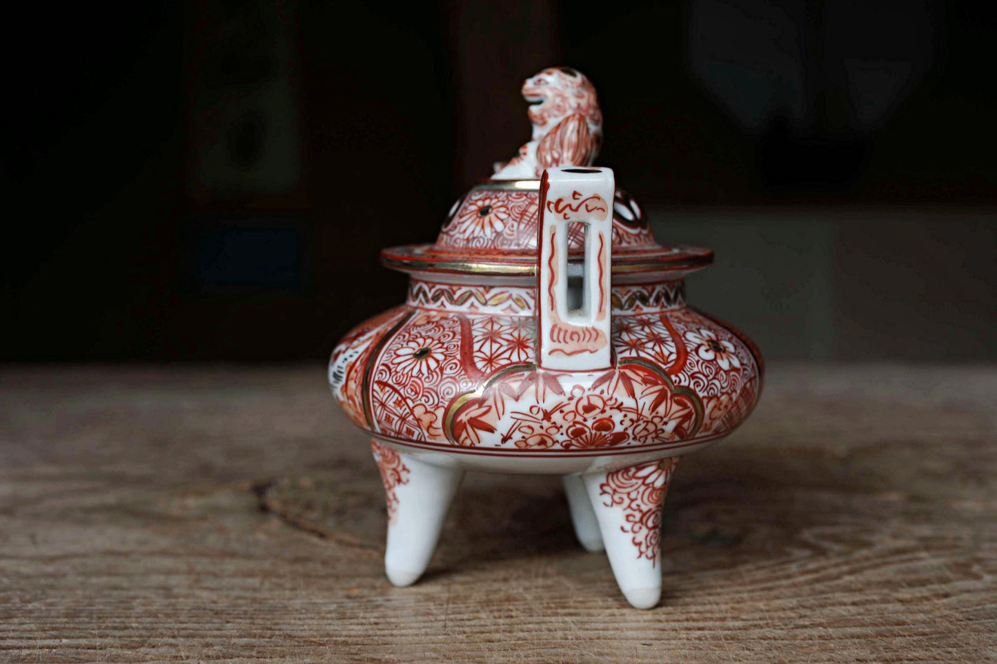 Kutani Antique Censer - Hand Painted Red Gold Lion Phoenix Incense Burner