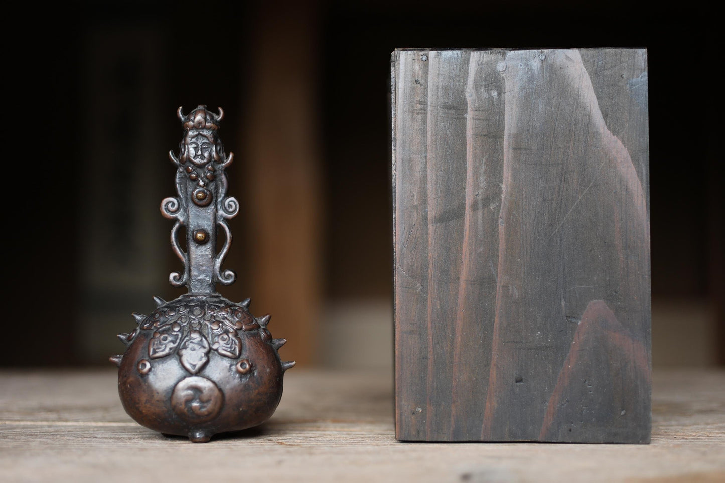 Antique Japanese Bronze Bell - 1800s Buddhist Sorcerer Handle | Tea Ceremony Doorbell