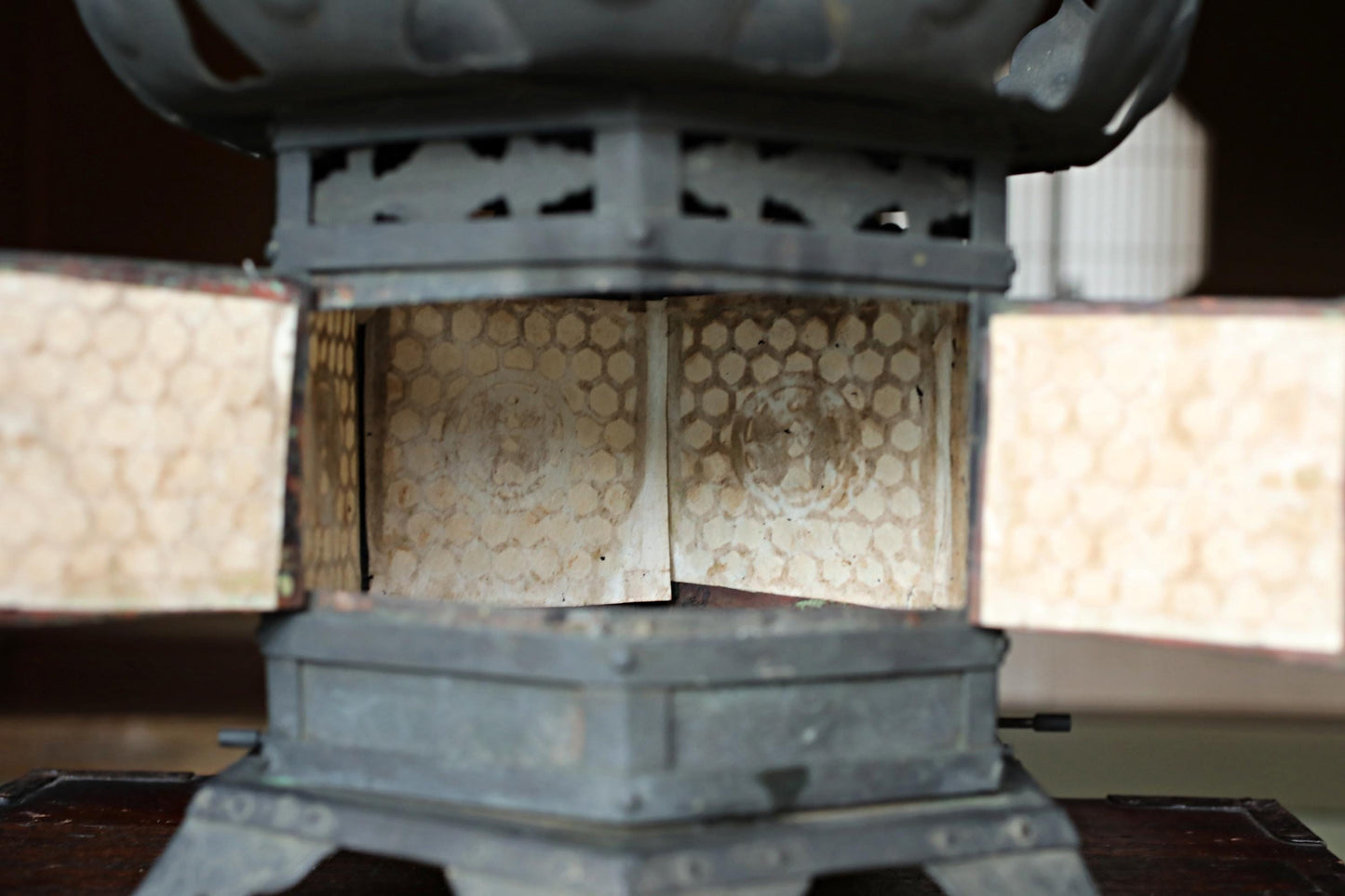 Japanese Buddhist Lantern - Antique Bronze Hanging Temple Lantern with Lotus Flower Design