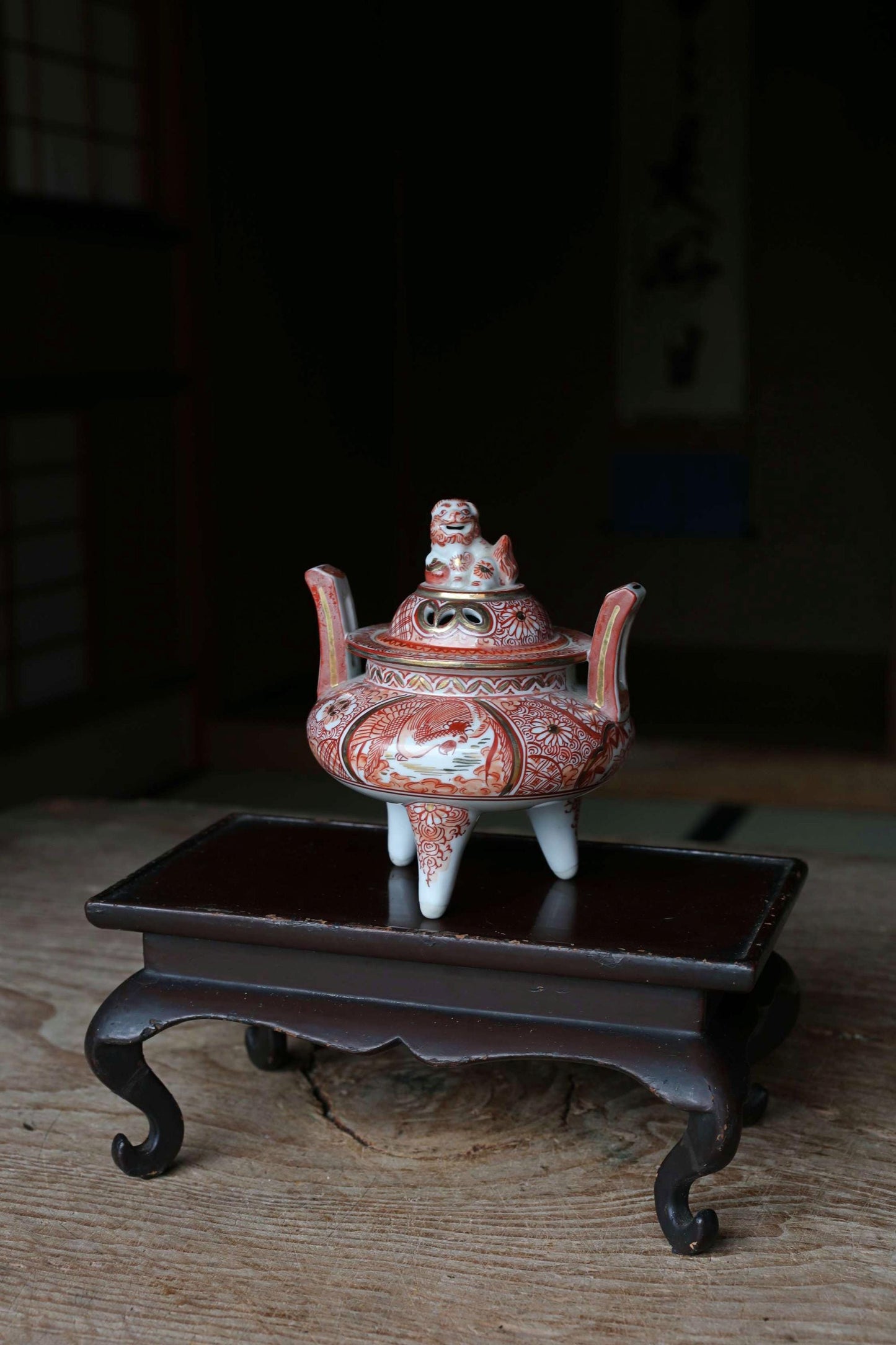 Kutani Antique Censer - Hand Painted Red Gold Lion Phoenix Incense Burner