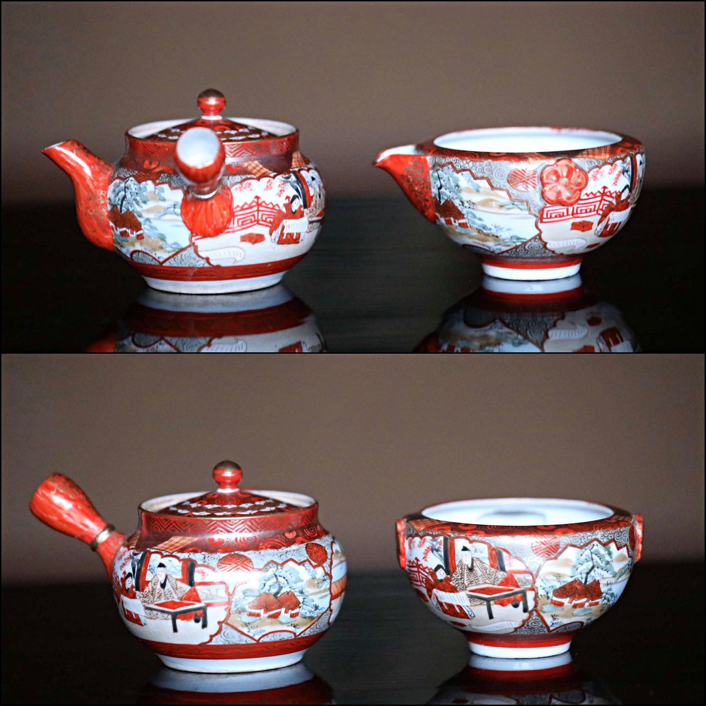 Kutani Tea Set - Vintage Japanese Ceramic Cups With Red Gold Tableware & Gold Ring Pot