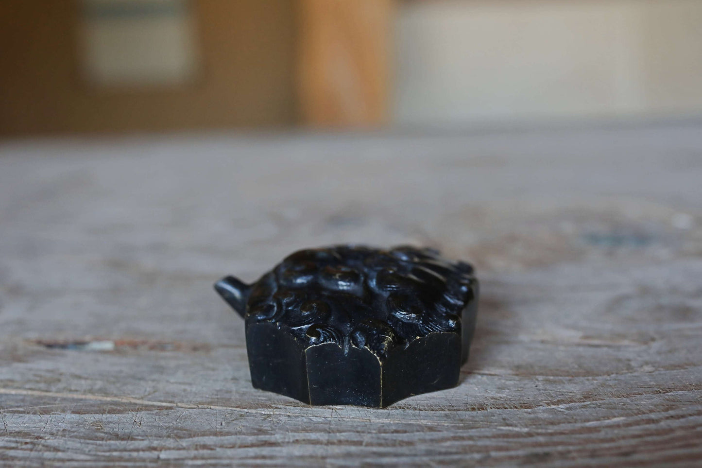 Antique Demon Water Dropper - Japanese Bronze Ink Container With Demon Face Motif