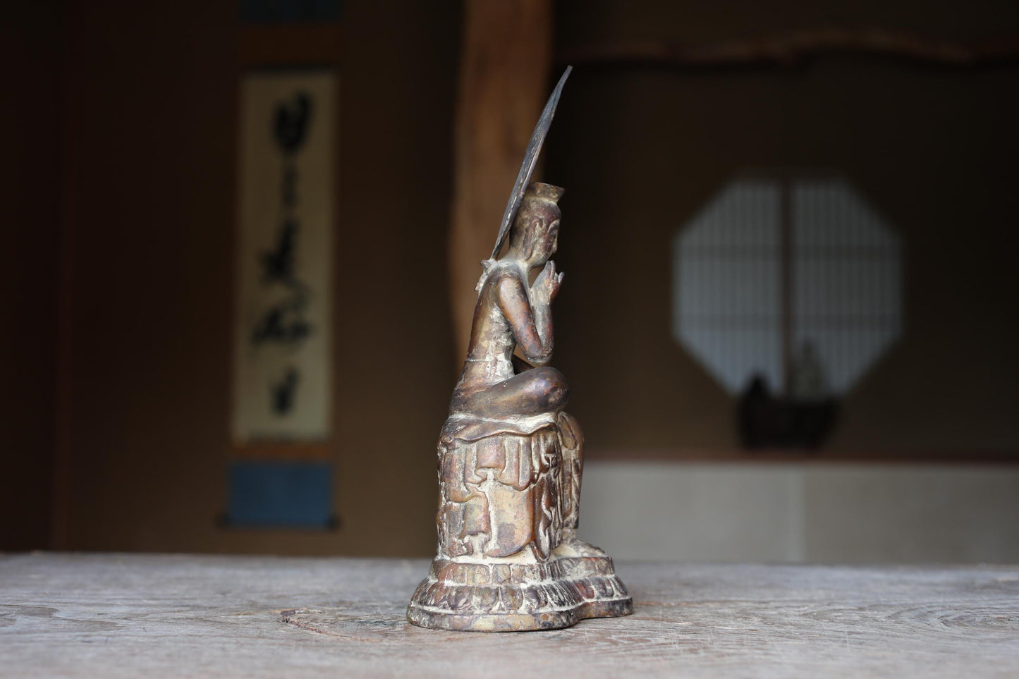 Japanese Bronze Buddha Statue – Antique Miroku Maitreya Bodhisattva Sculpture H10.8in