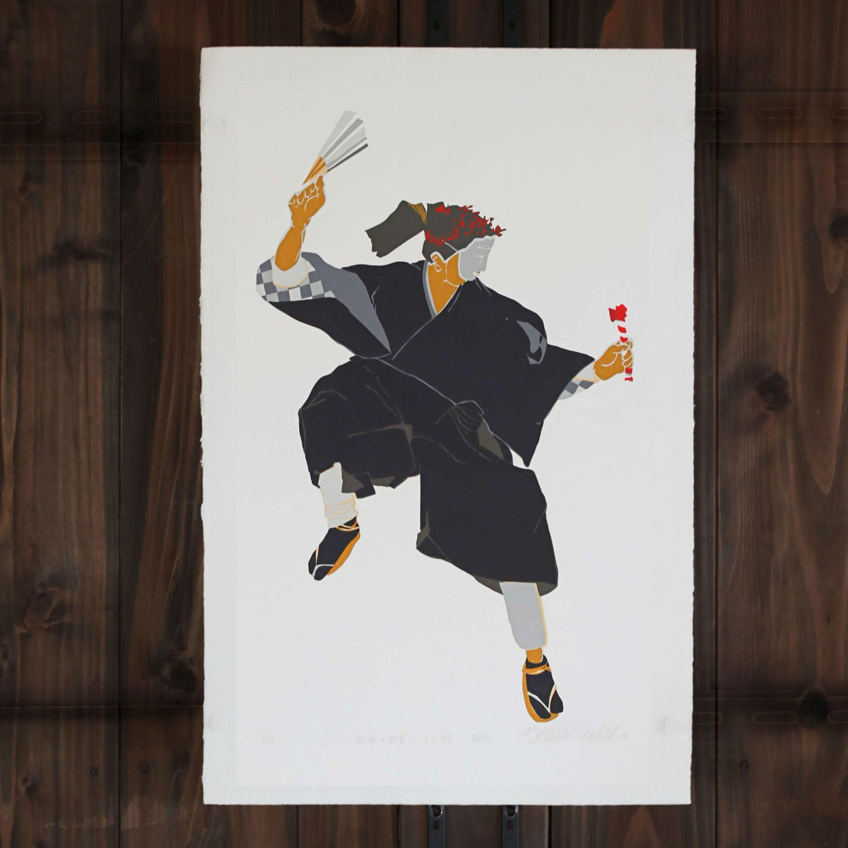 a person in a traditional Japanese outfit, holding a fan and a red object, possibly a flower or a weapon, in a dynamic pose.