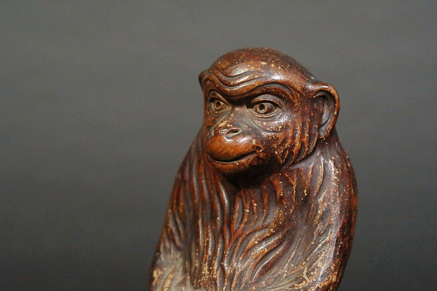 Bizen Ware Monkey Figurine - Signed Ceramic Statue With Longevity Peach, 1930s Vintage