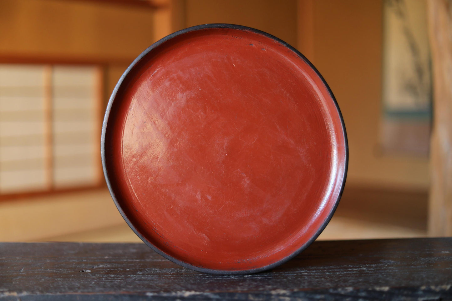 Antique Negoro Tray – Japanese Lacquer Round Obon Tray, Signed Artisan Wood
