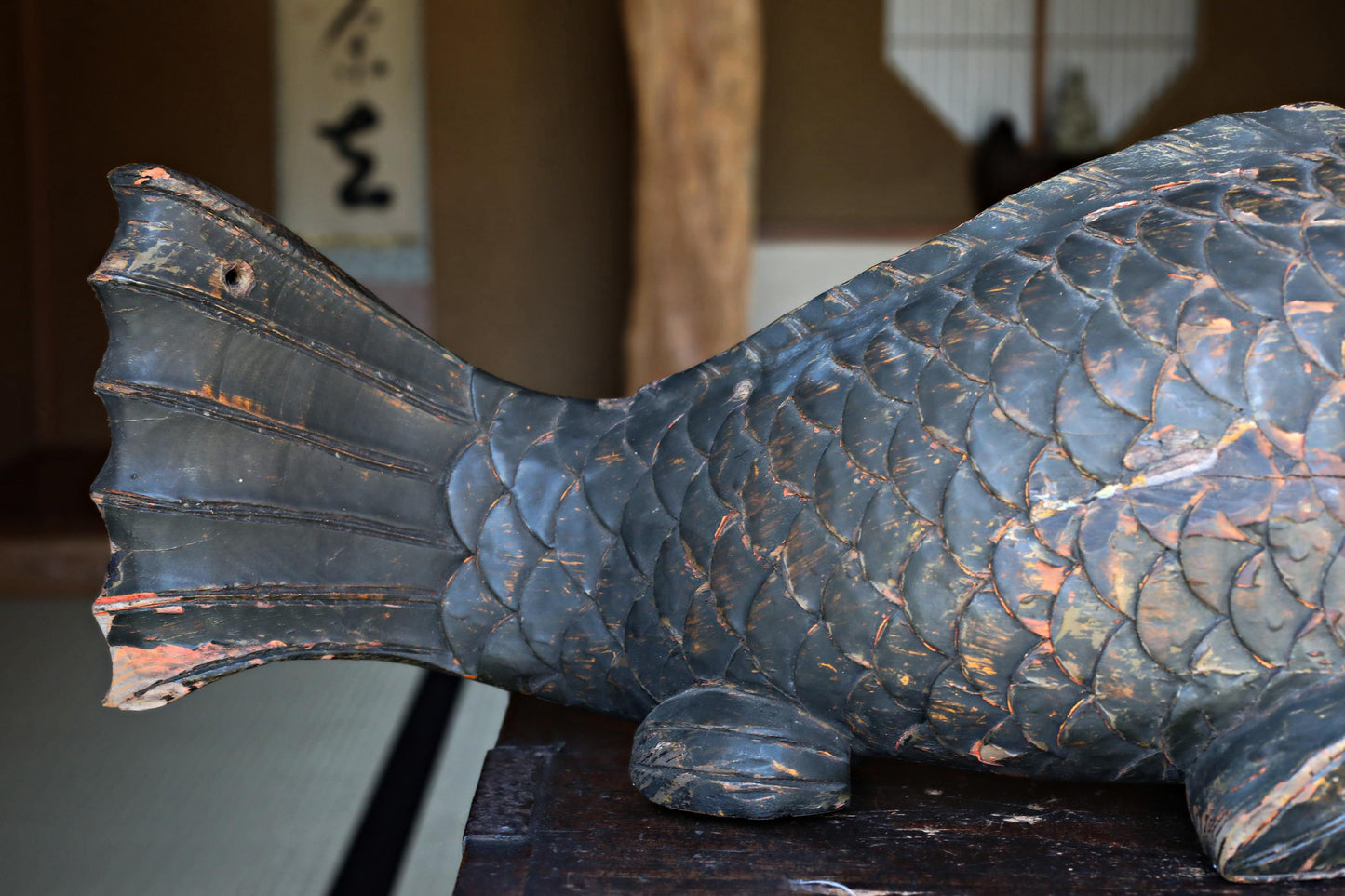 Large Wooden Fish - Japanese Antique Mingei Irori Hearth Hook Sculpture 4kg