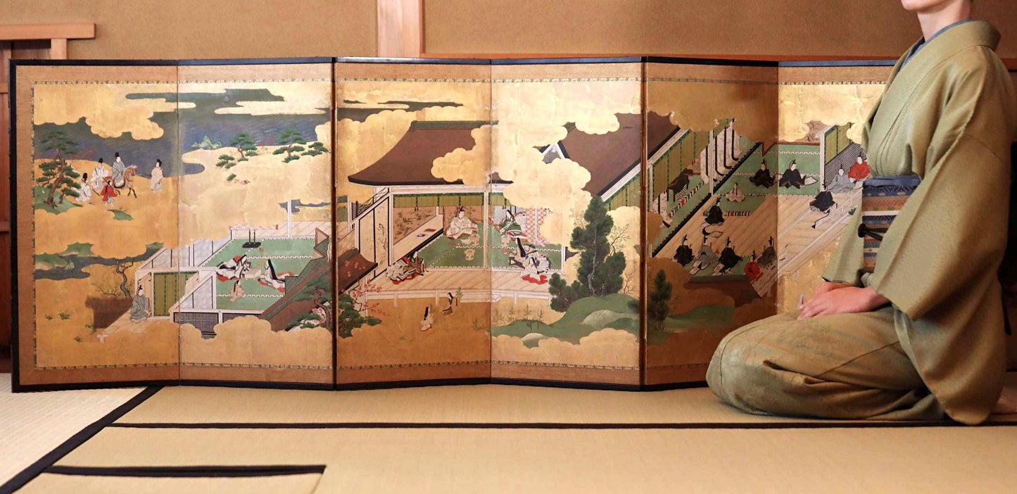Antique Japanese Byobu Folding Screen - Edo Period Tale of Genji Art, Gold Leaf Decor