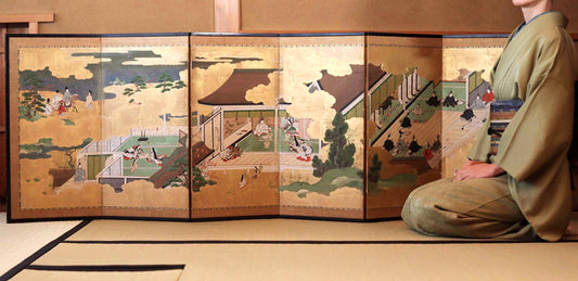 Antique Japanese Byobu Folding Screen - Edo Period Tale of Genji Art, Gold Leaf Decor