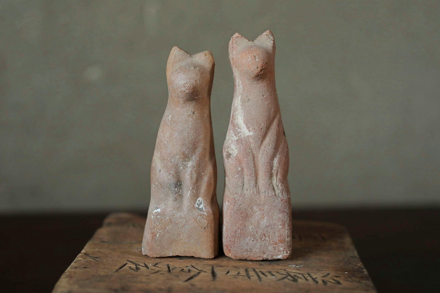 Antique Kitsune Dolls - Imado-yaki Pottery Pair | Japanese Guardian Foxes, Rustic Edo Period Collectibles