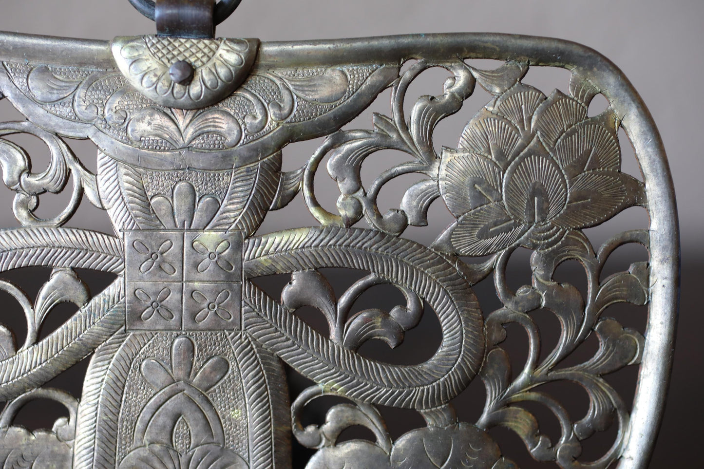 Japanese Antique Keman - Brass Hanging Art | Lotus Arabesque Design, Buddhist Temple Decor
