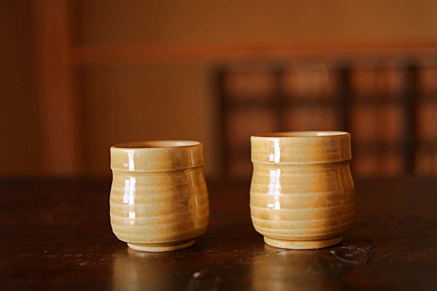 Japanese Tea Cup Pair - Vintage Ki-Seto Pottery Set | Handmade Mino Ware Ceramics