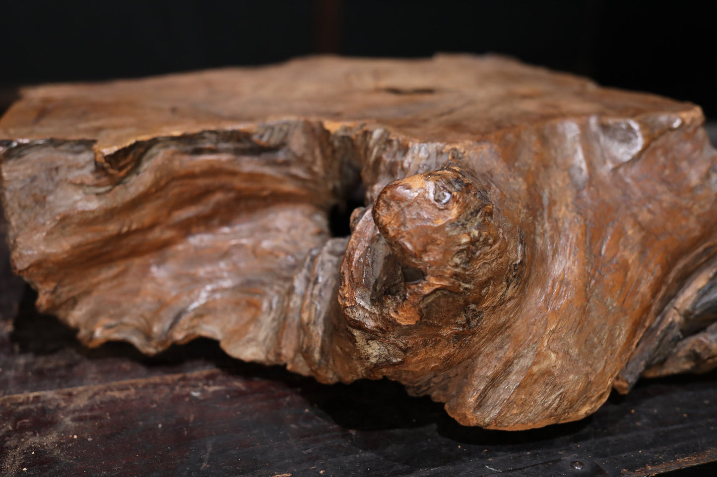 Wood Burl Display Stand - Japanese Antique Pedestal With Large Wood Slab Base