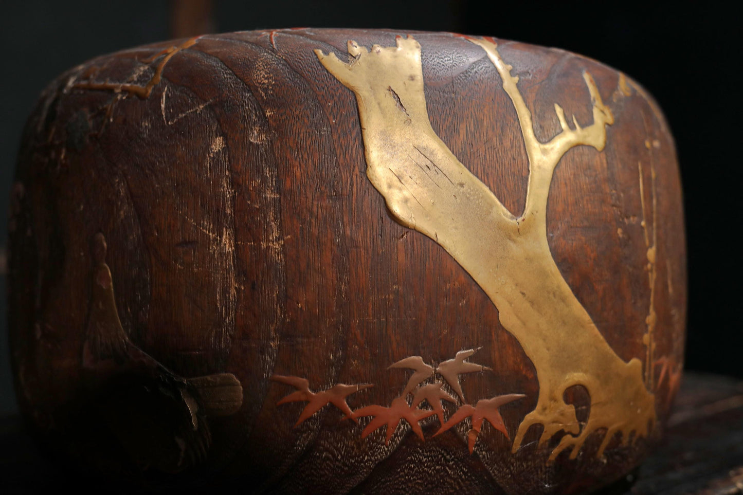Antique Japanese Hibachi | Traditional Charcoal Brazier with Makie Quail & Plum Blossom Inlay