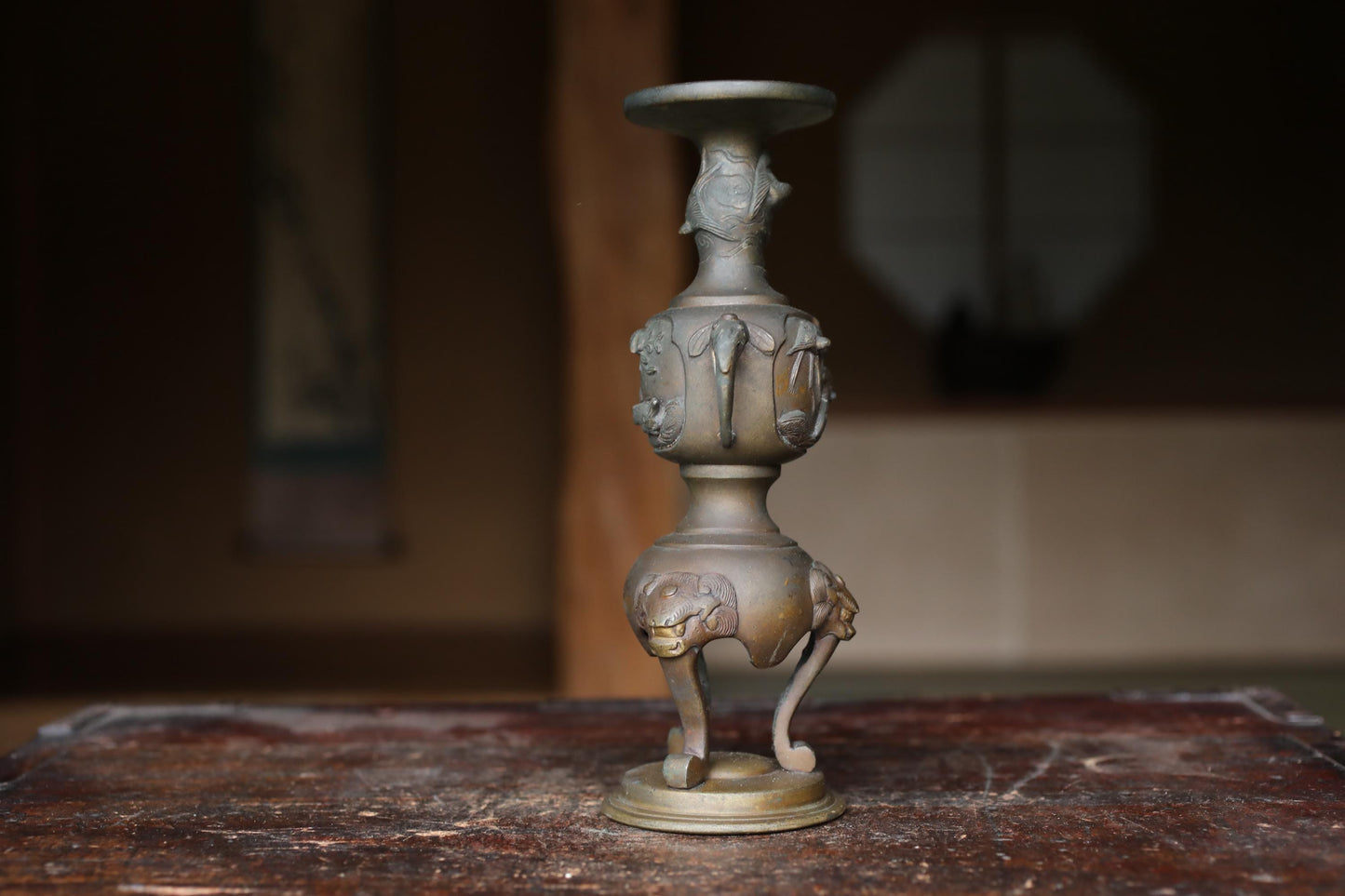 Antique Brass Candlestick Japanese Animal Motif Cast Metal Pillar Candle Holder