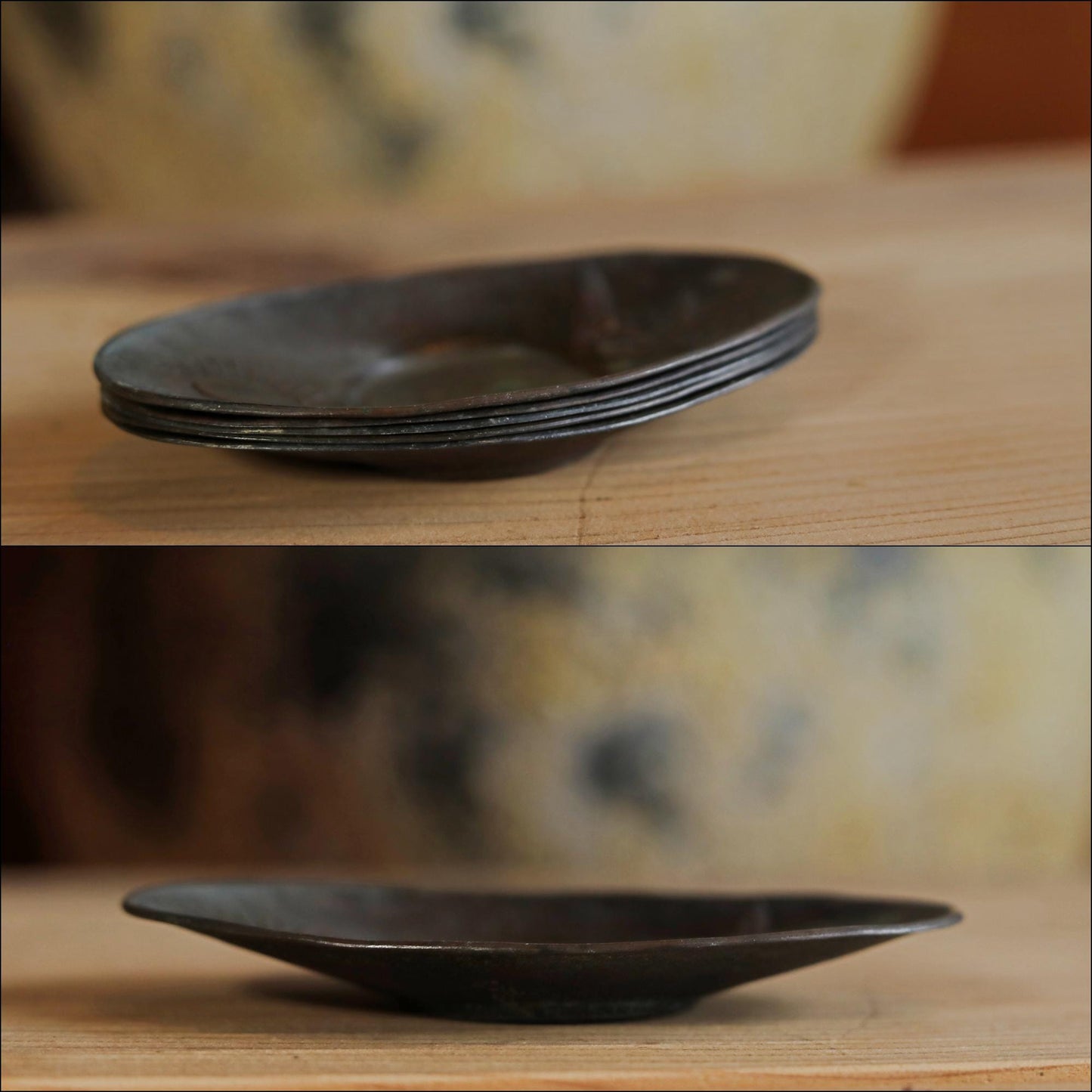 Antique Bronze Cup Saucers - Set of Five Japanese Tea Coasters with Phoenix Design