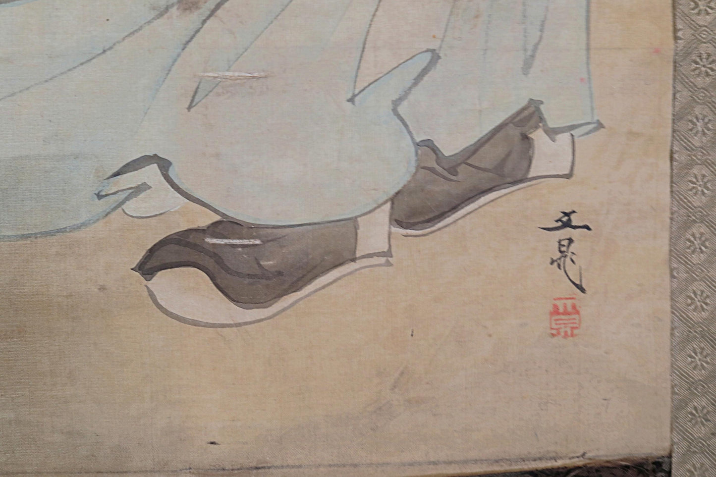 Japanese Antique Scroll - Signed Kakejiku Hermit Zen Painting With Peach Symbol