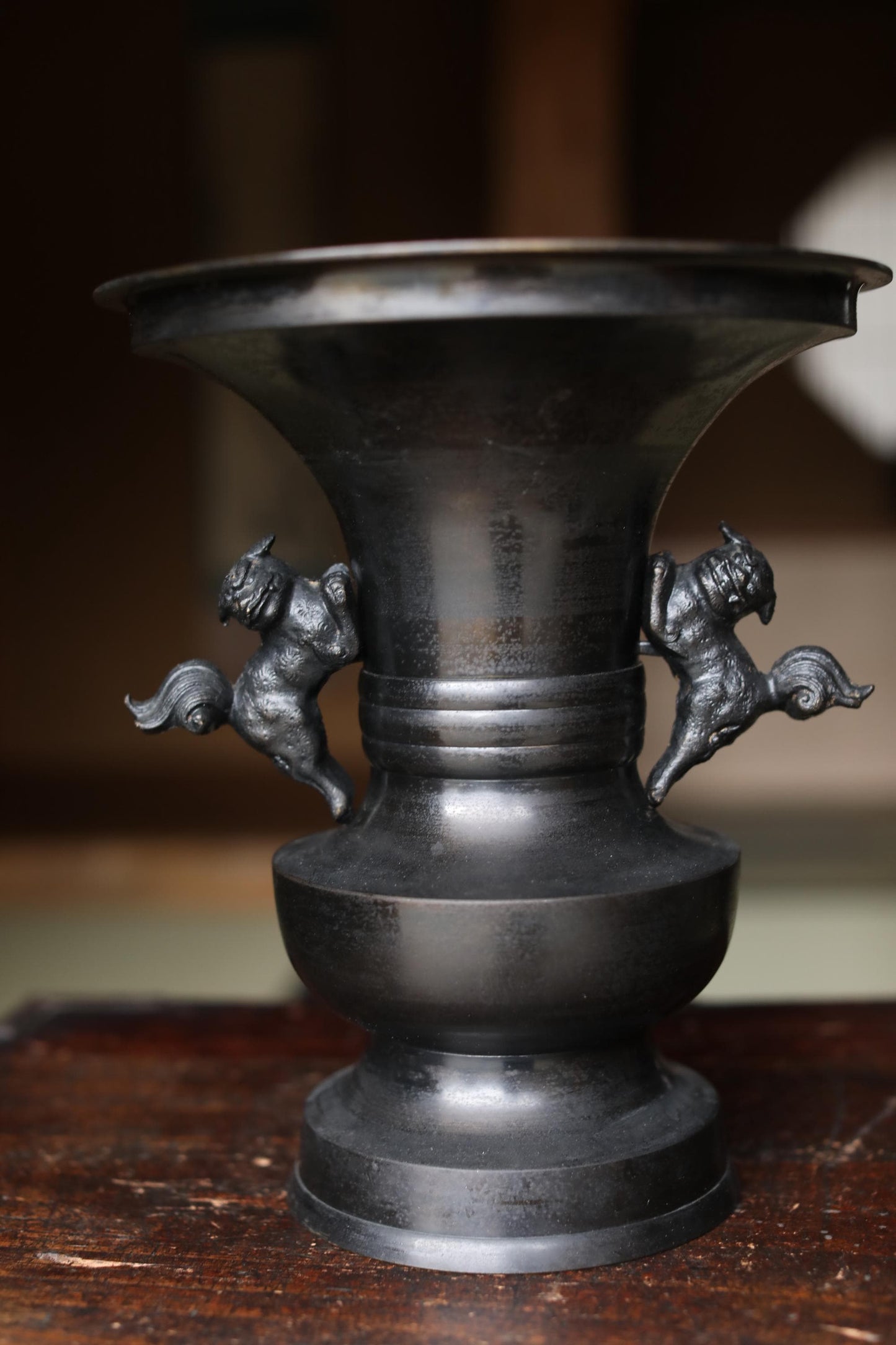 Vintage Japanese Bronze Vase – Large Ikebana Vessel with Shishi Lion Handles