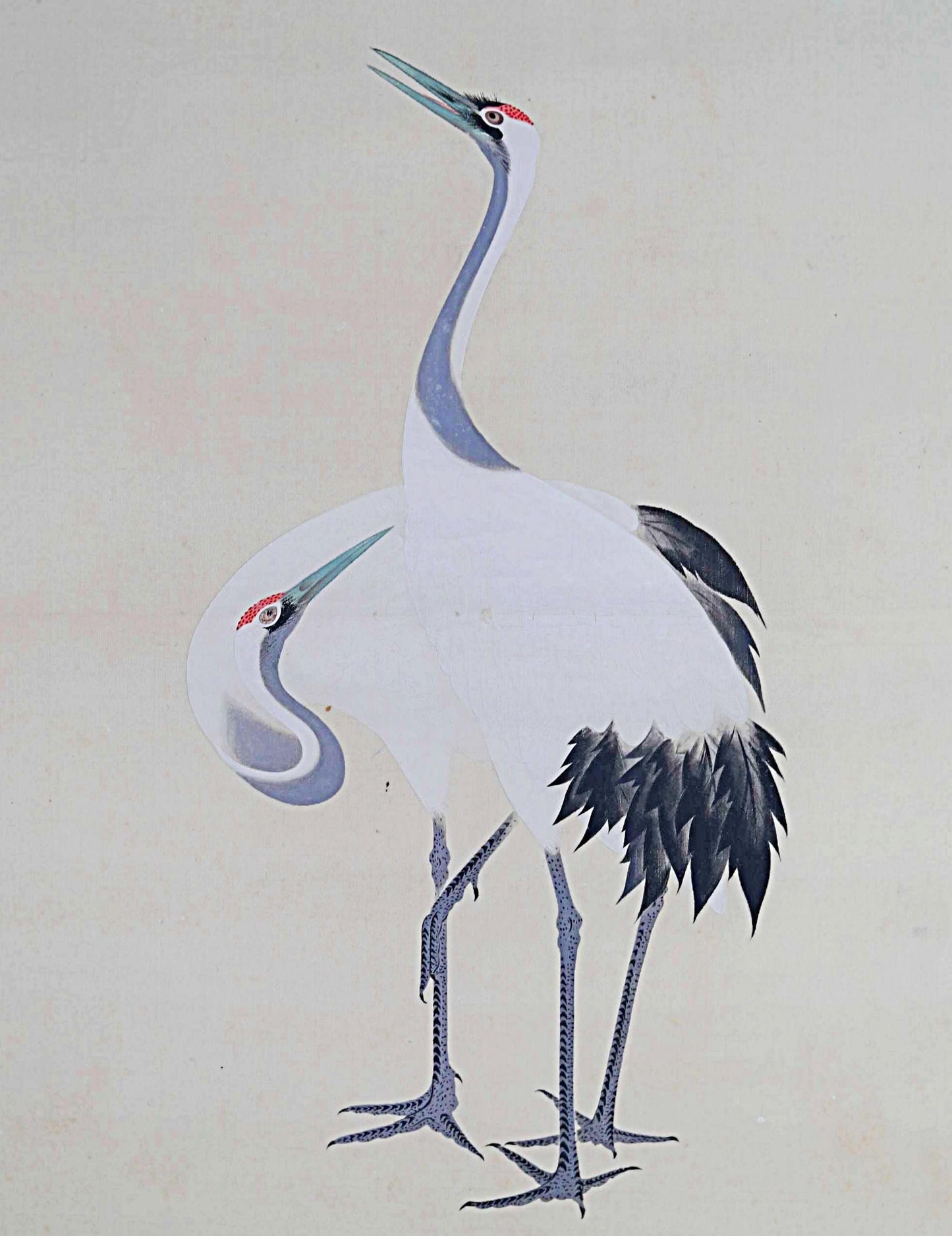 Japanese Hanging Scroll - Vintage Silk Mounted Painting of Pair of Cranes Artwork