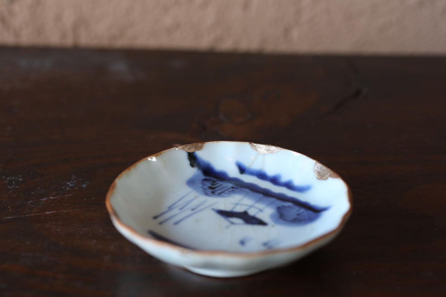 Japanese Antique Plate - Blue White Porcelain Dish | Kintsugi Repair Small Ceramic Plate