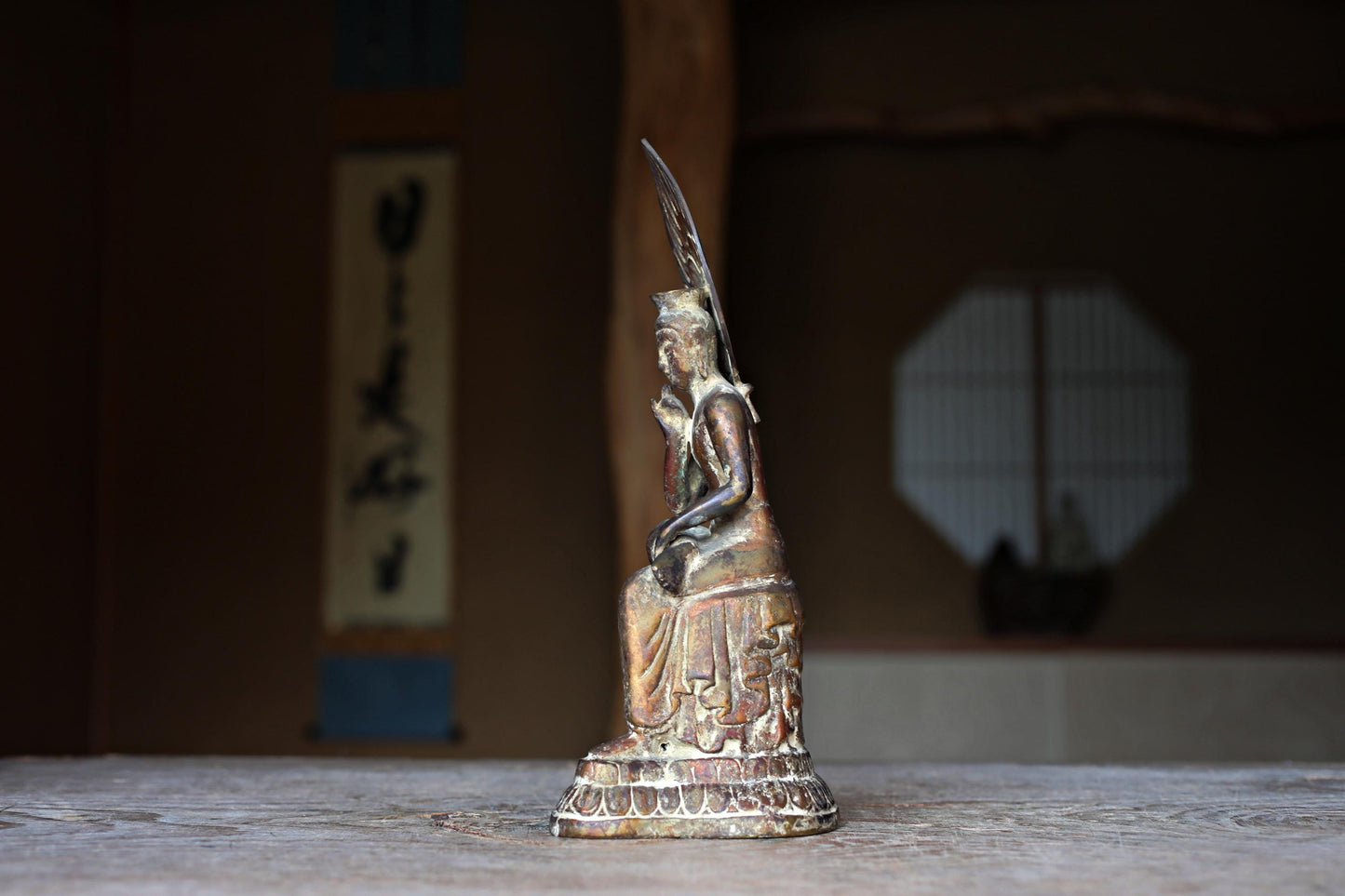 Japanese Bronze Buddha Statue – Antique Miroku Maitreya Bodhisattva Sculpture H10.8in