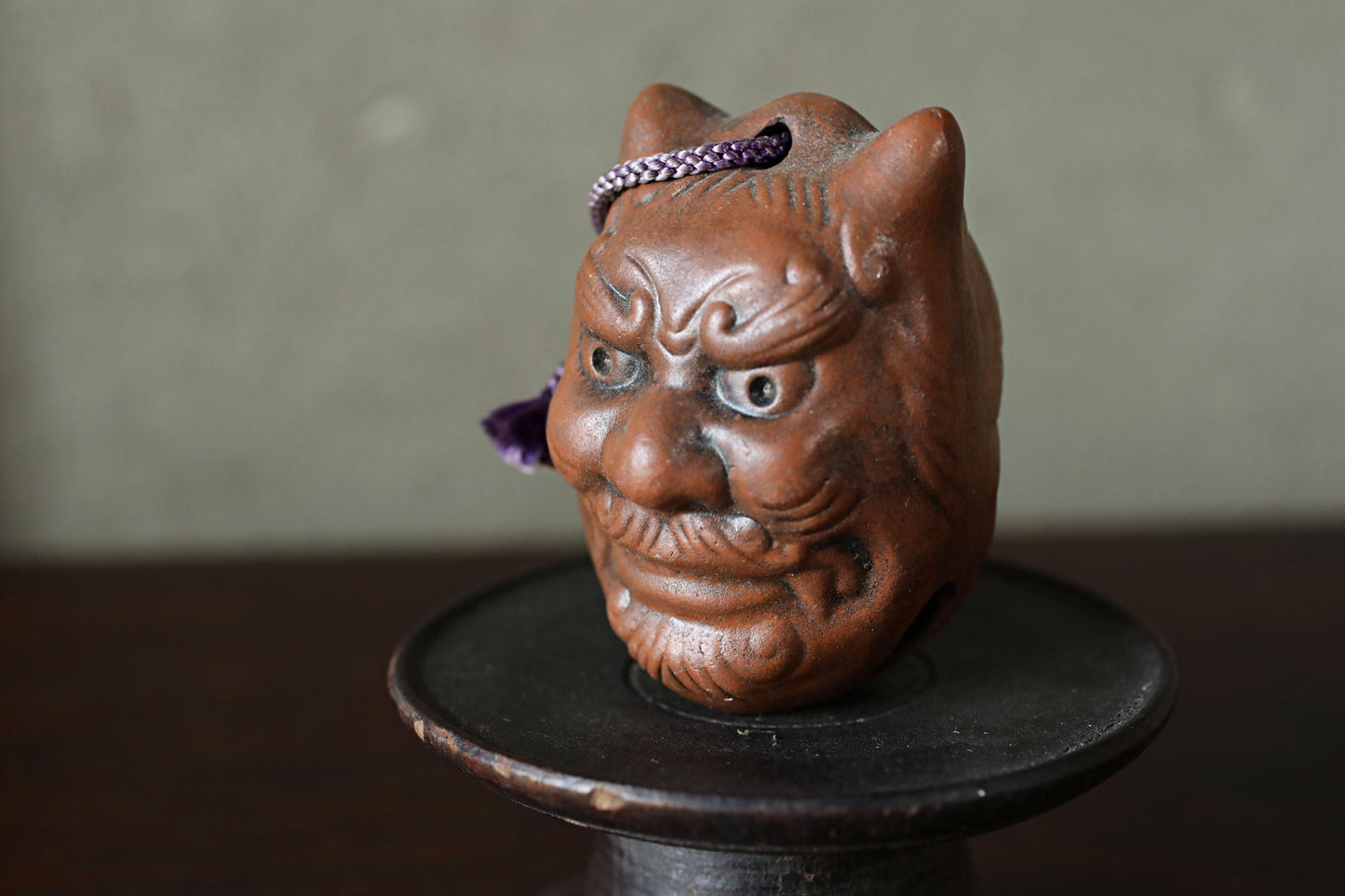 Japanese Pottery Bell - Vintage Oni Demon & Okame Mask Doll Ornament