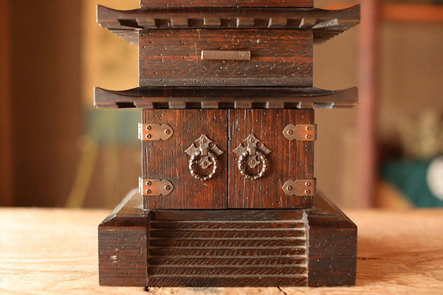 Wooden Pagoda Chest - Japanese Three Tier Drawer with Buddhist Decor Storage