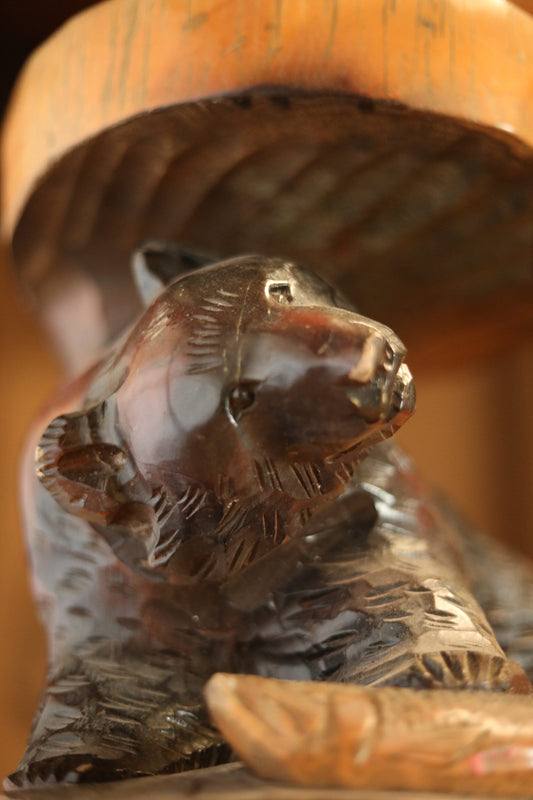 Vintage Wood Bear Sculpture - Hand Carved Japanese Wooden Bear Figurine Pedestal