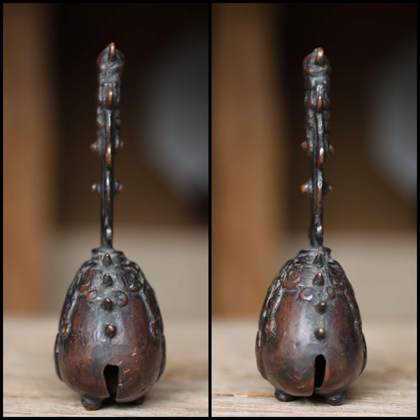 Antique Japanese Bronze Bell - 1800s Buddhist Sorcerer Handle | Tea Ceremony Doorbell