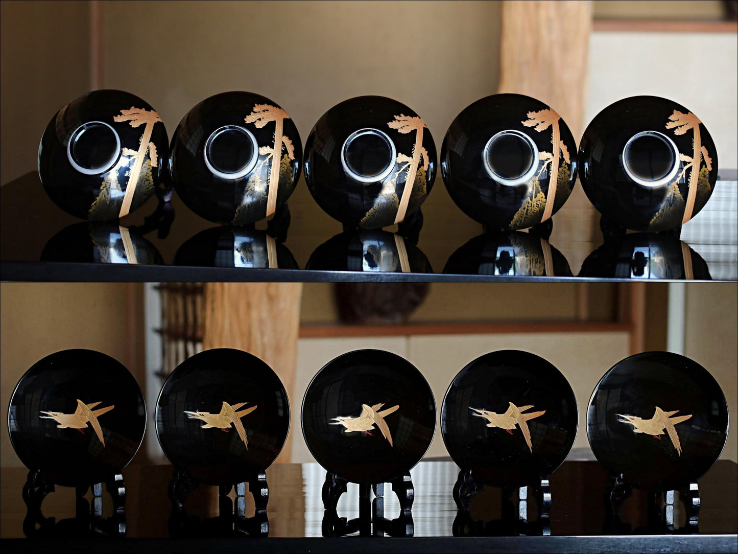 Japanese Lacquer Bowls – Antique Makie Lacquerware Set of 5 with Gold Falcon Design