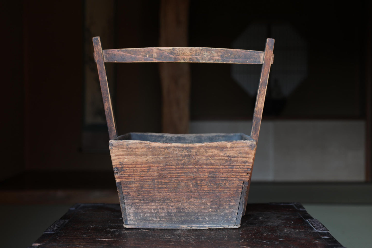Japanese Charcoal Container - Vintage Wooden Vase with Rustic Kenzan Set