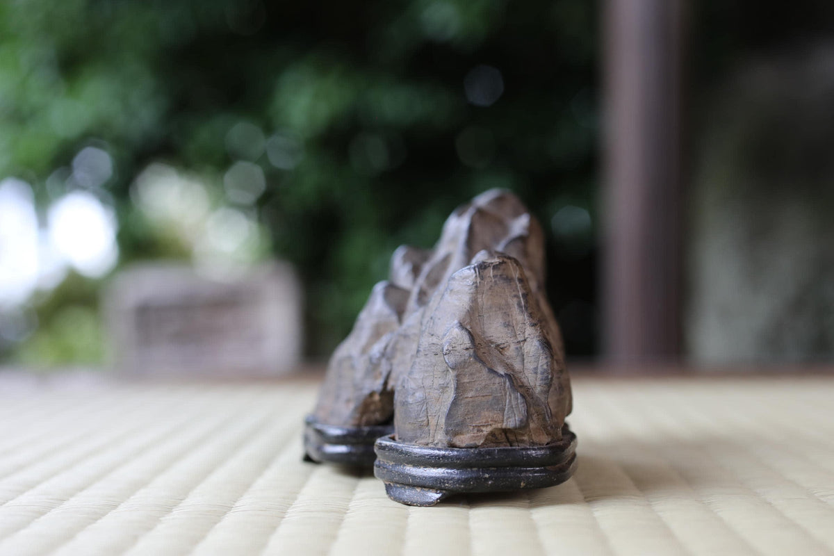 A close-up image of a small, brown, carved stone or rock sitting on a wooden base, with a blurred natural background.