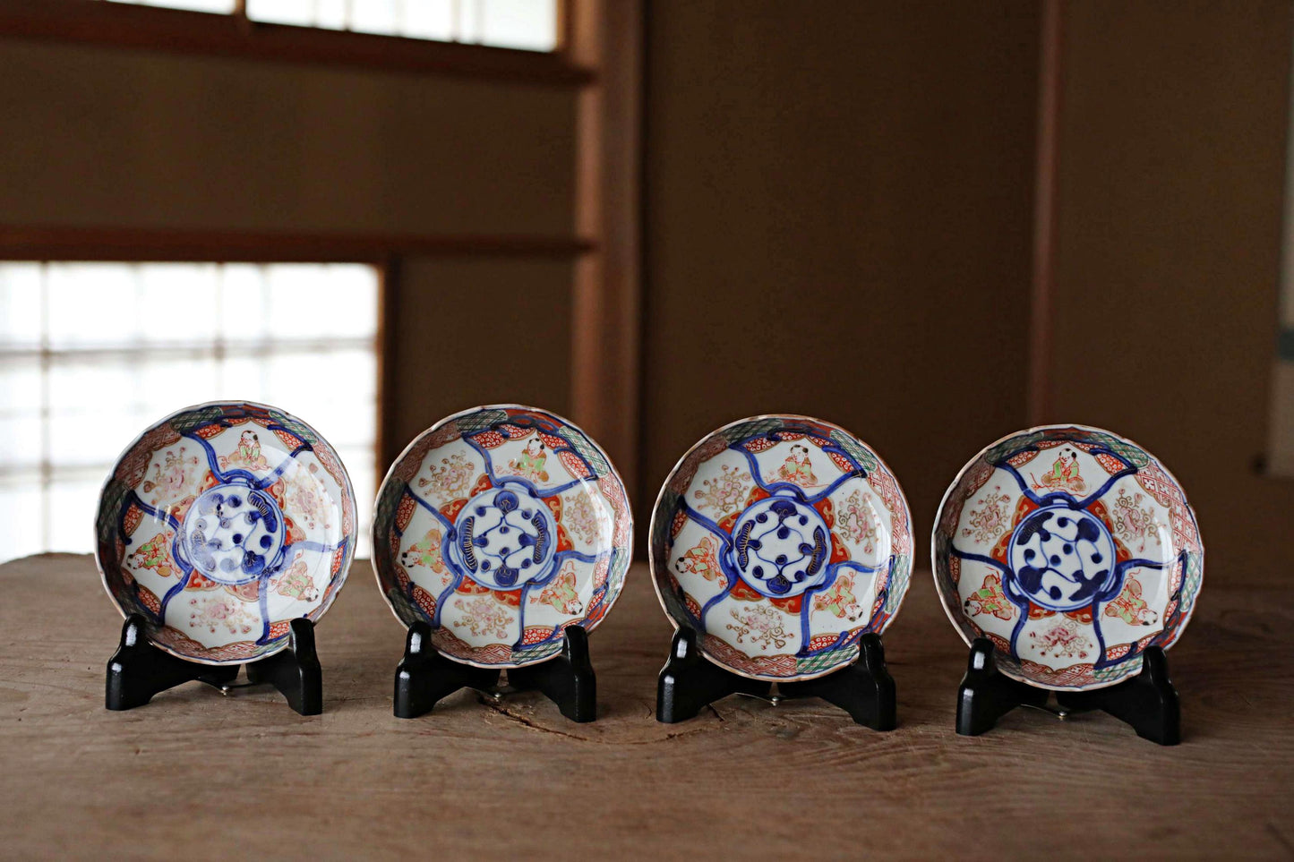 Antique Kutani Dishes - Set of 4 Hand Painted Japanese Porcelain Plates 4.5in