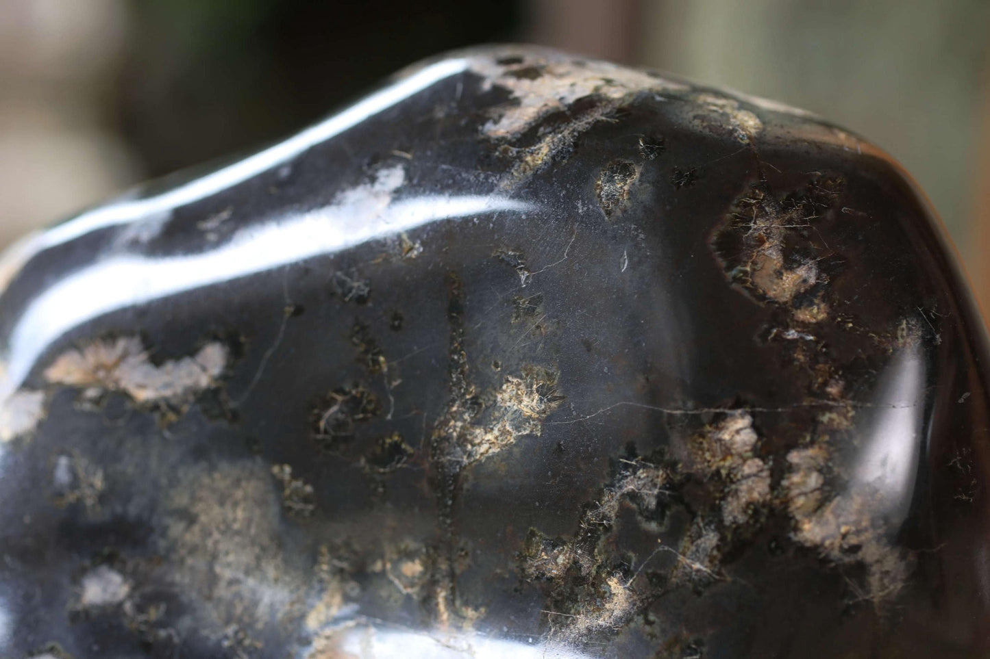 a close-up view of a black, weathered rock with a rough, textured surface.