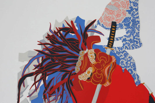 The image is a stylized illustration featuring a red and blue design with a large, intricate headdress or mask, and a sword.