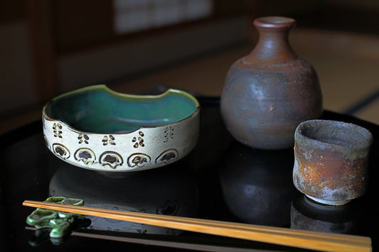 Oribe Ceramic Bowls - Japanese Antique Tableware Pair with Phoenix Design, 1930s Mukozuke Dish