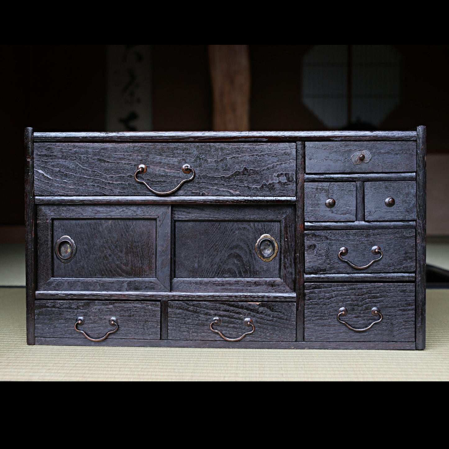 Japanese Antique Tansu Chest - Black Wood Eight Drawer Chest With Metal Clasp