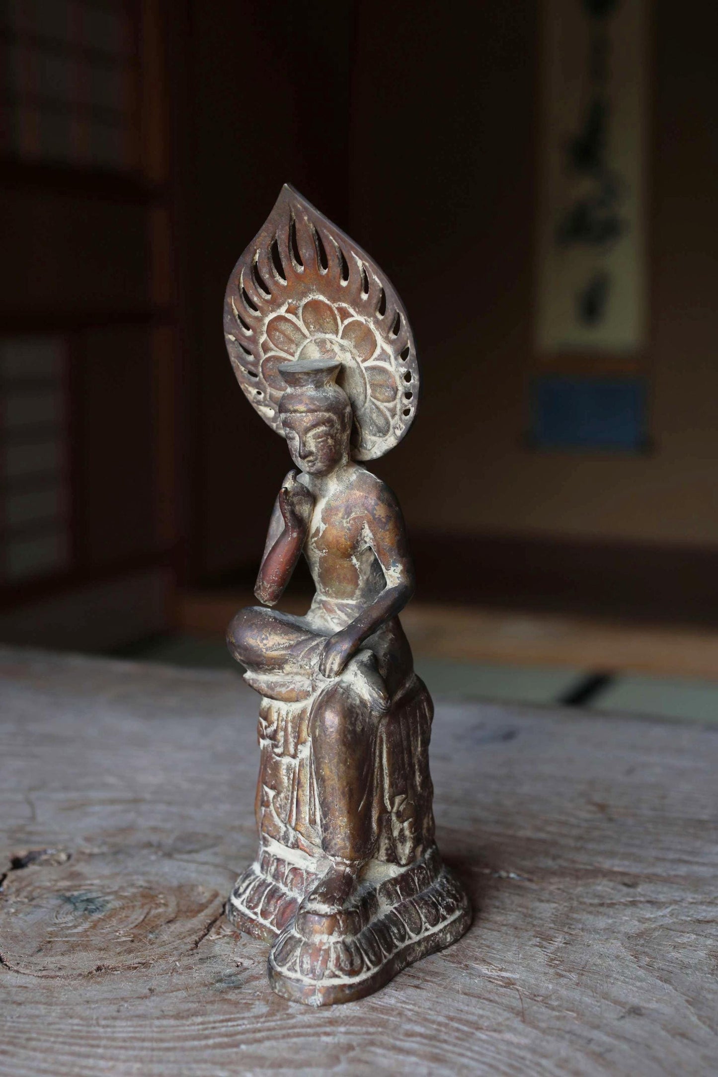 Japanese Bronze Buddha Statue – Antique Miroku Maitreya Bodhisattva Sculpture H10.8in
