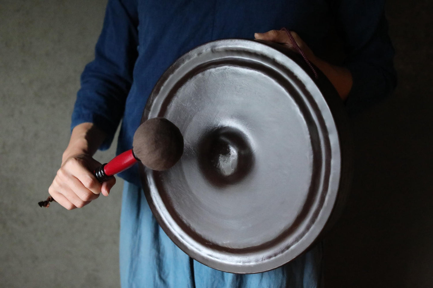 Japanese Bronze Gong - Large Antique Tea Ceremony Bell with Leather Striker | Vintage Buddhist Instrument 13.2in