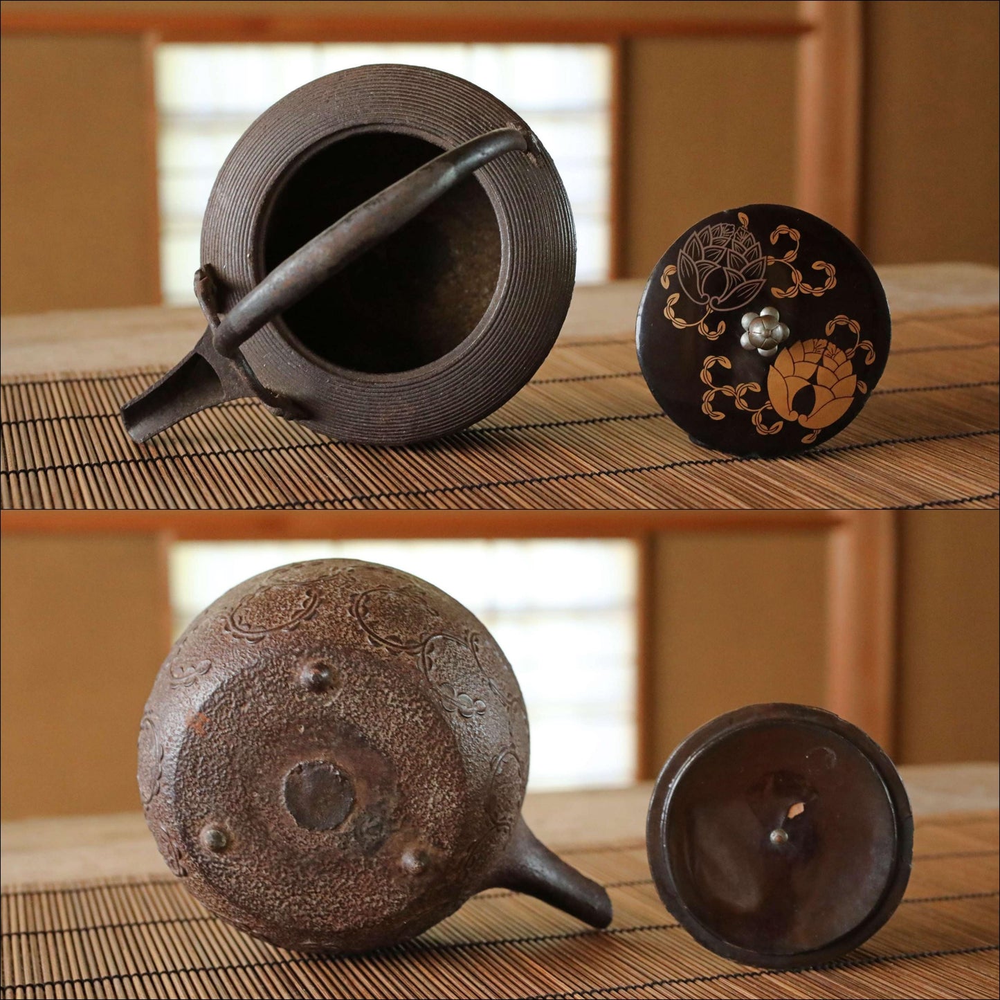 Japanese Cast Iron Sake Pot – Antique Chōshi with Lacquered Lid & Myoga Crest Design