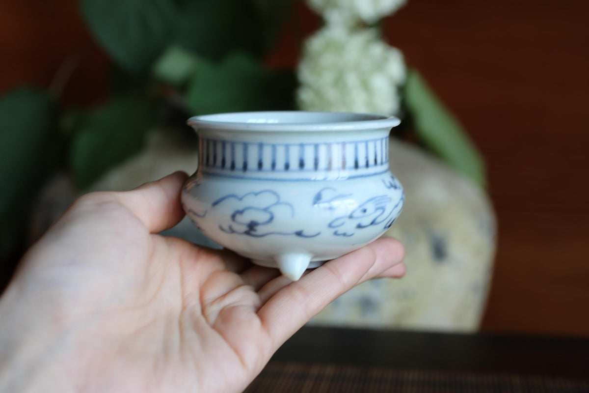A hand holding a small, blue and white ceramic cup with a decorative design on it.