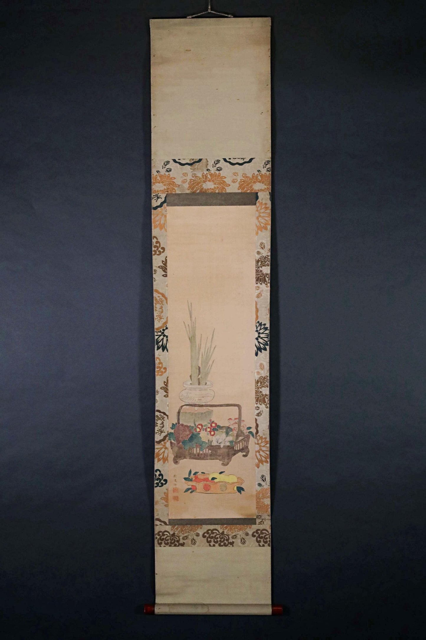 Japanese Antique Scroll - Ikebana Flower Basket Silk Painting 1920s Kakejiku Art